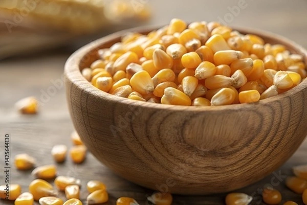 Fototapeta Close-Up of Yellow Dried Corn Kernels in Wooden Bowl – Rustic Natural Texture