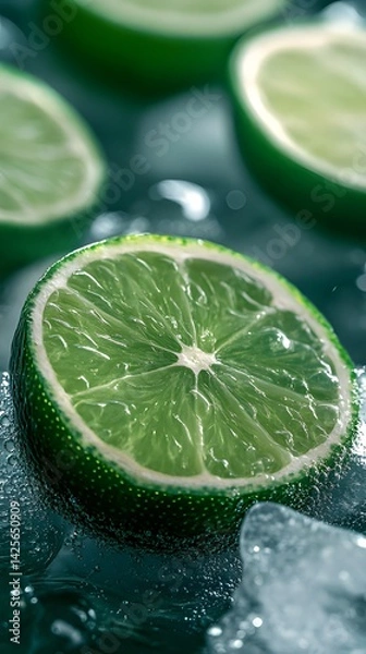 Obraz Fresh lime slices on crushed ice, refreshing summer vibe, macro detail, bright green color scheme, high contrast