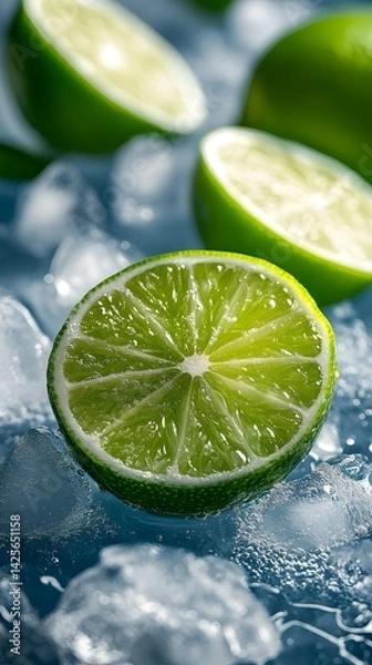 Obraz Fresh lime slices on crushed ice, refreshing summer vibe, macro detail, bright green color scheme, high contrast