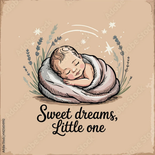 Fototapeta Sweet illustration of a peaceful sleeping baby with lavender, stars, and Sweet dreams, Little one text on a warm, vintage-style background. Ideal for nursery art or baby-themed designs.