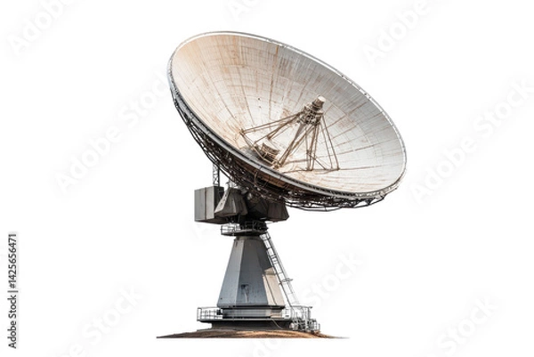 Fototapeta Large satellite dish antenna stands tall for communication and signal reception on clean white background