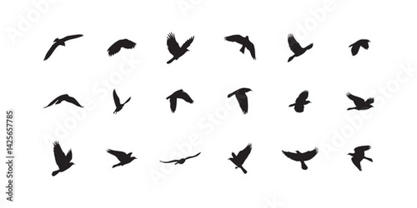 Obraz Flying birds silhouette vector illustration set isolated on white background