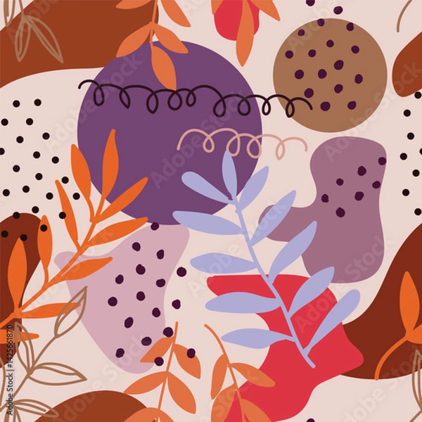 Fototapeta Modern colorful tropical floral pattern. Cute botanical abstract contemporary seamless pattern. Hand drawn unique print. Vector illustration
