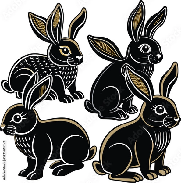 Obraz Elegant Black Bunny Clipart Set – Hand-Drawn Rabbit Vectors for Crafts & Design
