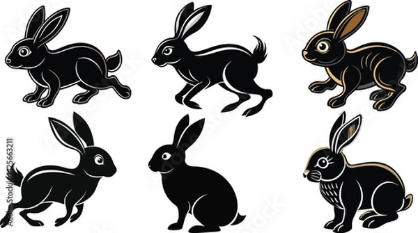 Obraz Black Silhouette Rabbit Clipart Set – Vector Bunny Illustrations for Design