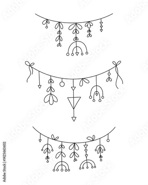Fototapeta Decorative abstract garlands of geometric shapes, petals, leaves. Set of beautiful elements for postcards, letter decoration, coloring