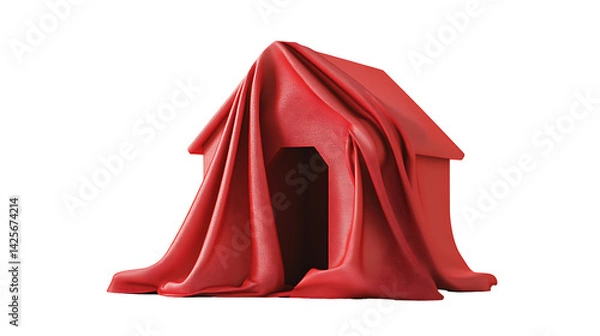 Obraz Red fabric covering a house-shaped object, 3D Rendering, isolated on a transparent background