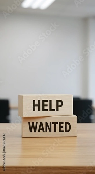 Obraz Two wooden blocks stacked on a desk displaying "HELP WANTED" in a bright office. Symbolizes job openings, recruitment, staffing needs, and career opportunities.


