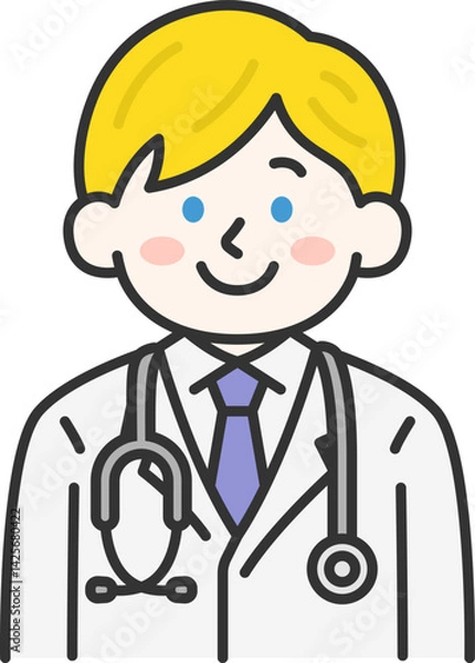 Fototapeta 白衣を着て聴診器をつけた、白人の男性医師（線画カラー）のイラスト