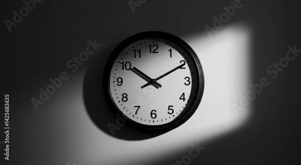 Obraz Minimalist wall clock in black and white style with dramatic lighting, representing last minute, with copy space