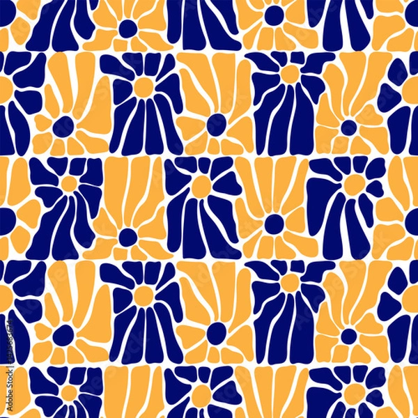 Fototapeta Trendy floral seamless pattern with retro flowers in blue and yellow. Abstract blossom print in naive drawing style. Vector illustration