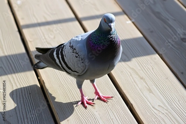 Fototapeta Close-Up of a Pigeon Standing on Wooden Planks in Bright Sunlight
