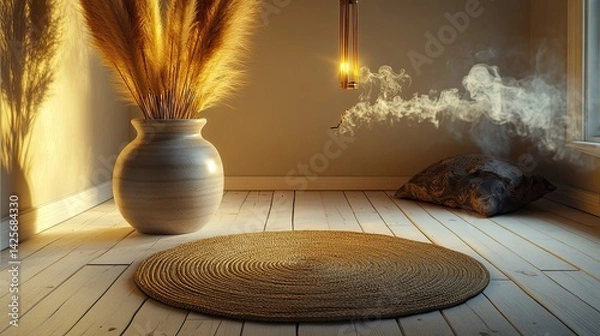 Fototapeta A calming meditation room with whitewashed wooden floors