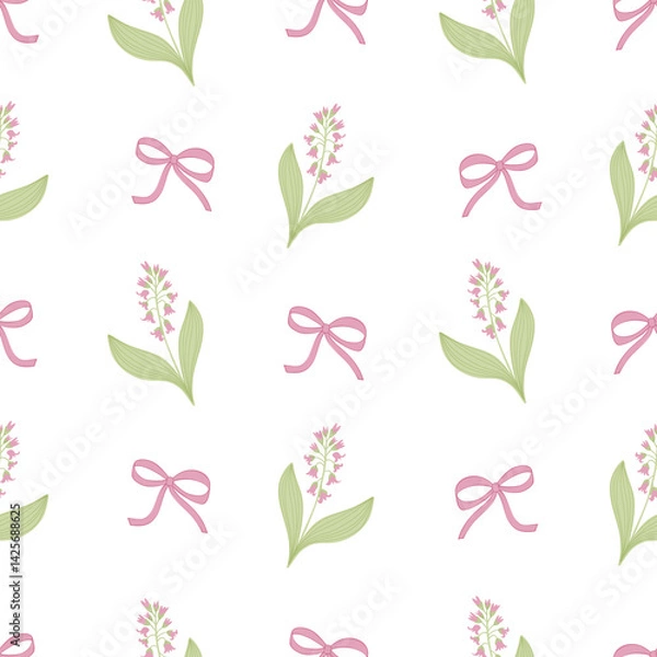 Obraz Floral seamless pattern with  pink flowers and green leaves, accented by soft bows. Repeated flower background. Ideal for fabric, home decor, stationery, wrapping, wallpaper, packaging, textiles.