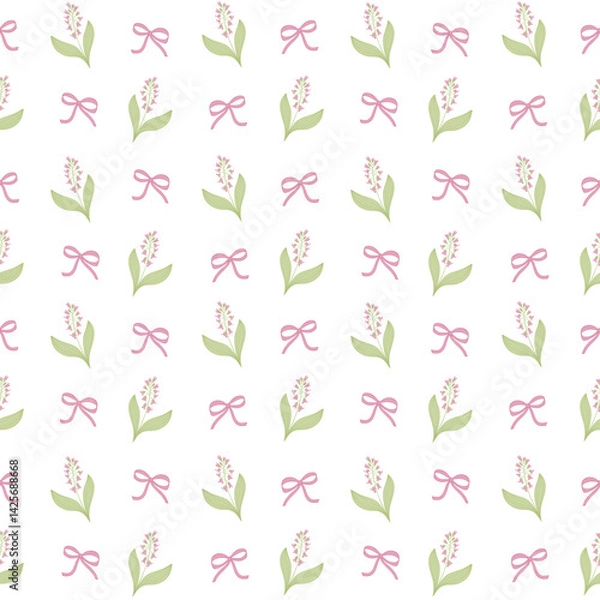 Obraz Floral seamless pattern with  pink flowers and green leaves, accented by soft bows. Repeated flower background. Ideal for fabric, home decor, stationery, wrapping, wallpaper, packaging, textiles.