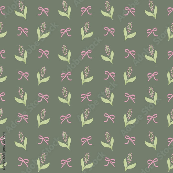 Obraz Floral seamless pattern with  pink flowers and green leaves, accented by soft bows. Repeated flower background. Ideal for fabric, home decor, stationery, wrapping, wallpaper, packaging, textiles.