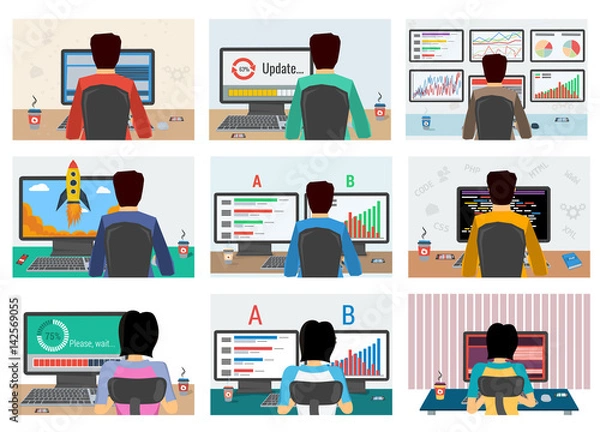 Obraz Set of men and women with computer