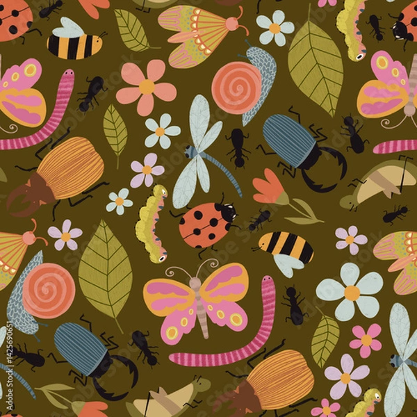 Fototapeta Seamless pattern with colorful cartoon insects and flowers. Garden-inspired background. Perfect for children designs, fabric, wallpaper, crafts, wrapping, scrapbooking, edutainment design and decor.