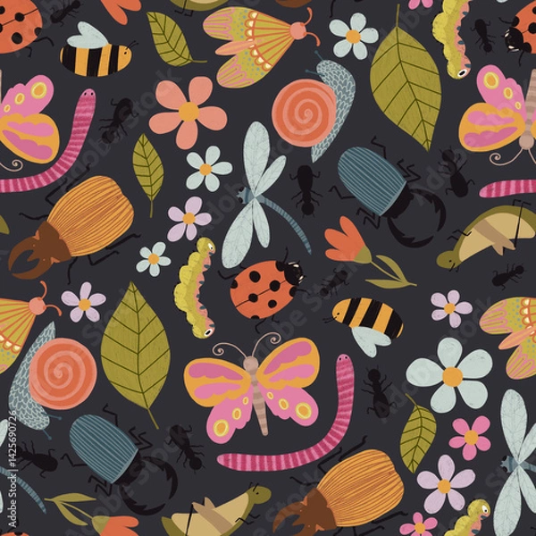 Obraz Seamless pattern with colorful cartoon insects and flowers. Garden-inspired background. Perfect for children designs, fabric, wallpaper, crafts, wrapping, scrapbooking, edutainment design and decor.