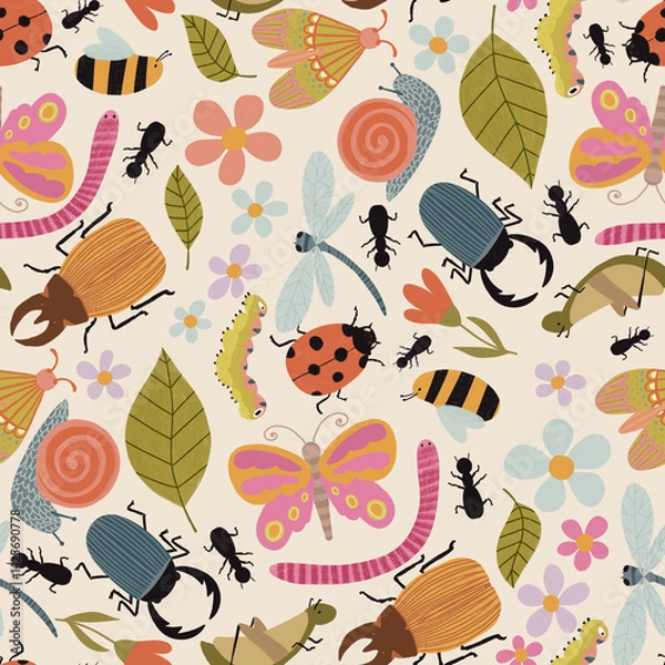 Obraz Seamless pattern with colorful cartoon insects and flowers. Garden-inspired background. Perfect for children designs, fabric, wallpaper, crafts, wrapping, scrapbooking, edutainment design and decor.