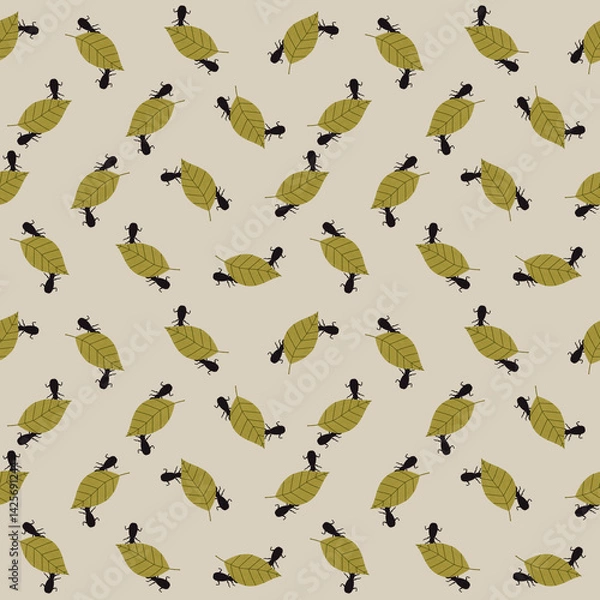 Obraz Seamless pattern with ants carrying leaves. Nature-inspired background. Ideal for fabric, children decor, packaging, eco-products and stationery, wrapping paper, wallpaper, scrapbooking, web decor.