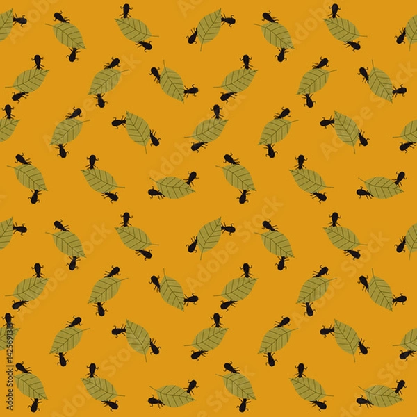 Obraz Seamless pattern with ants carrying leaves. Nature-inspired background. Ideal for fabric, children decor, packaging, eco-products and stationery, wrapping paper, wallpaper, scrapbooking, web decor.
