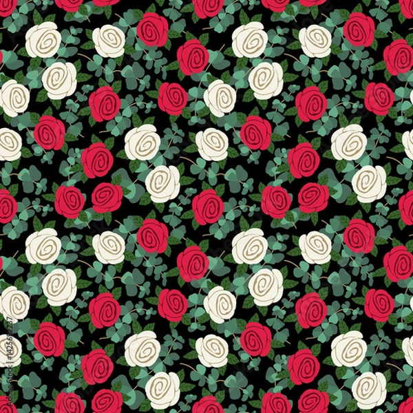 Fototapeta Seamless floral pattern with  red and white roses and eucalyptus leaves. Romantic repeating background. Perfect for fabric, wallpaper, packaging, stationery, textiles and home decor.