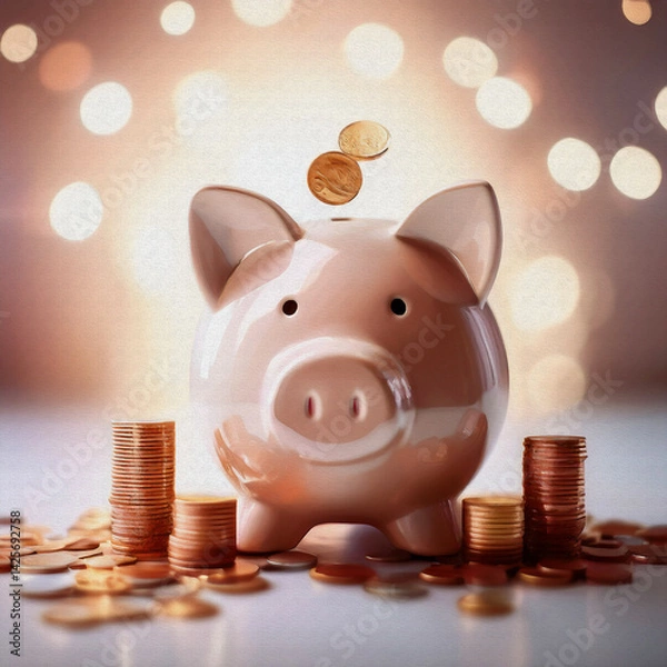 Obraz saving money with a piggy bank in white background oil painting style illustration