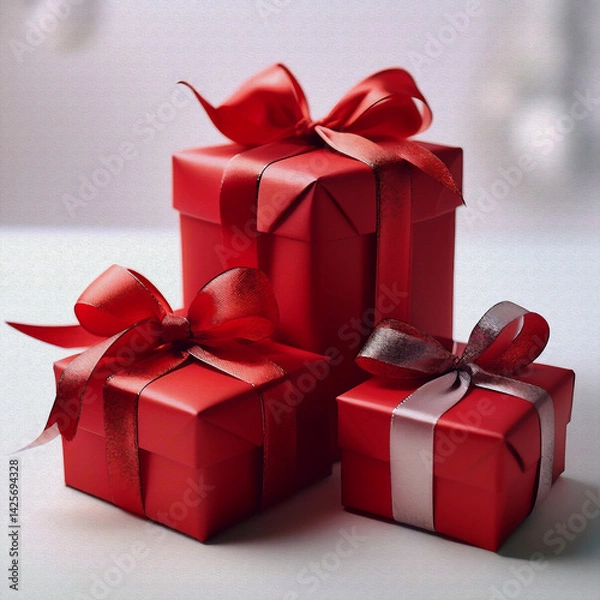 Obraz Elegant red gift boxes with ribbons in white background oil painting style illustration