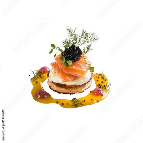 Fototapeta A gourmet dish featuring smoked salmon layered atop a savory pancake, adorned with caviar and garnished with fresh herbs.