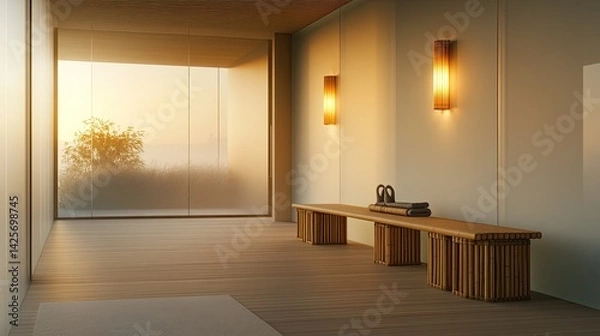 Fototapeta A minimalistic yoga room with frosted floor-to-ceiling glass walls