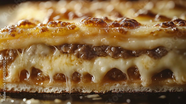 Fototapeta Extreme close-up of a cheesy pizza slice with gooey melted cheese dripping, crispy crust, and rich toppings. Cinematic, mouthwatering food photography with soft lighting and shallow depth of field
