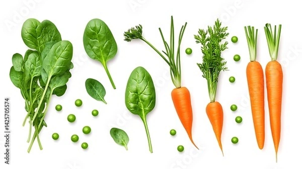 Obraz Fresh Vegetables Spinach with Carrots, and Peas.