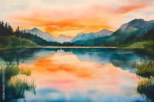 Obraz Serene Mountain Lake at Sunset in Watercolor, Generative AI