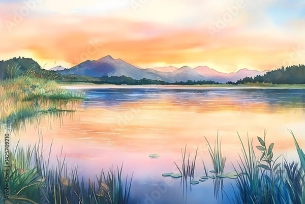 Obraz Serene Mountain Lake at Sunset in Watercolor, Generative AI