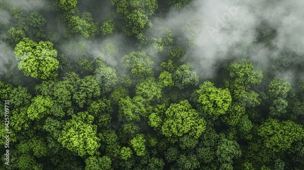Fototapeta Aerial view of lush green forest with dense foliage and mist, creating serene and tranquil atmosphere