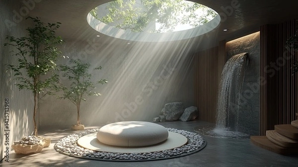 Fototapeta A tranquil meditation space with a circular skylight flooding sunlight onto a comfortable round cushion below