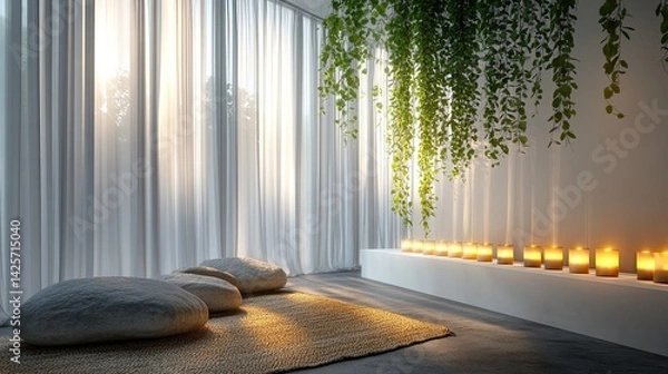 Fototapeta A tranquil meditation room decorated with floor-to-ceiling sheer curtains gently moving in the breeze