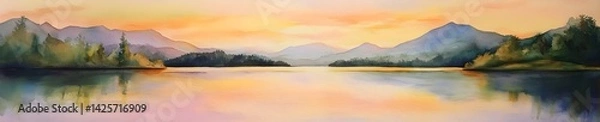 Obraz Serene Mountain Lake at Sunset in Watercolor, Generative AI