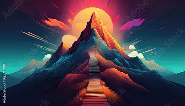 Fototapeta Vibrant Pathway Leading to the Summit of an Otherworldly Mountainscape, Shrouded in Mystical Hues and Textures, Inviting Adventurers on a Journey Through Dreamscapes.