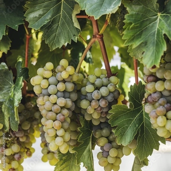 Obraz The image depicts a realistic group of green grapes hanging from a vine, adorned with lush green leaves, high detail, natural lighting, and a white background.