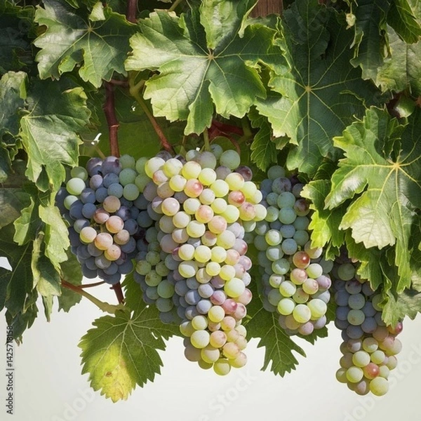Obraz The image depicts a realistic group of green grapes hanging from a vine, adorned with lush green leaves, high detail, natural lighting, and a white background.