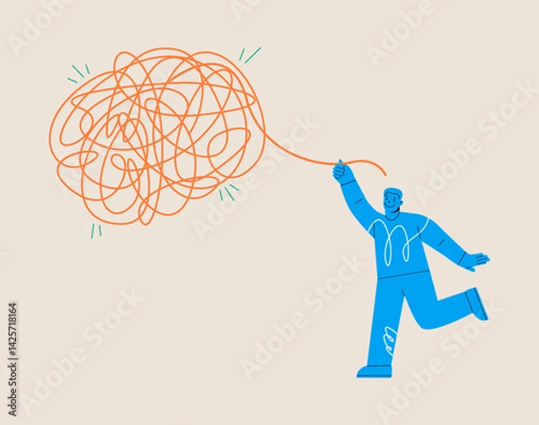 Obraz Man pull on tangled threads. Solving problem concept. Colorful vector illustration