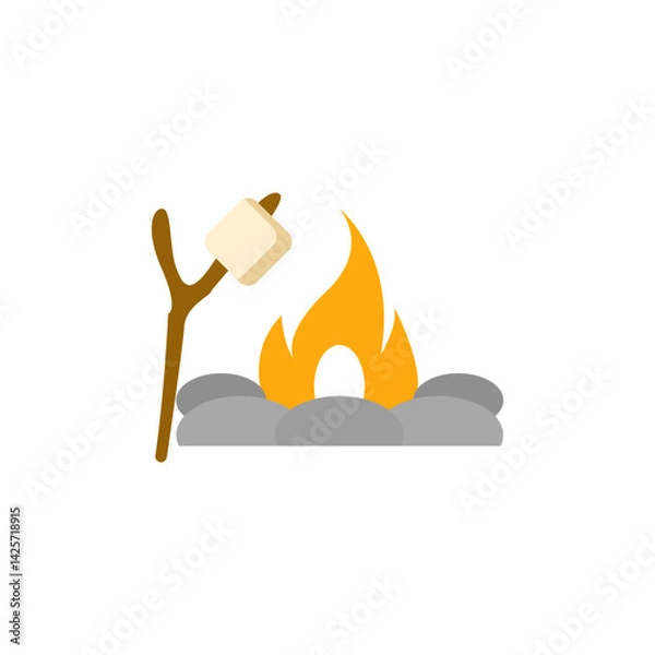 Fototapeta campfire icon, roasting marshmallows on a stick, camping on a white background, vector illustration