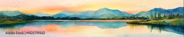 Obraz Serene Mountain Lake at Sunset in Watercolor, Generative AI