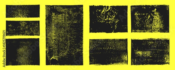 Fototapeta Linocut vector, relief printing rectangle grunge shapes, wide stripes rough spotted distressed aged textures set. Paint roller stains, lino ink grungy artistic textured backgrounds, text frames boxes