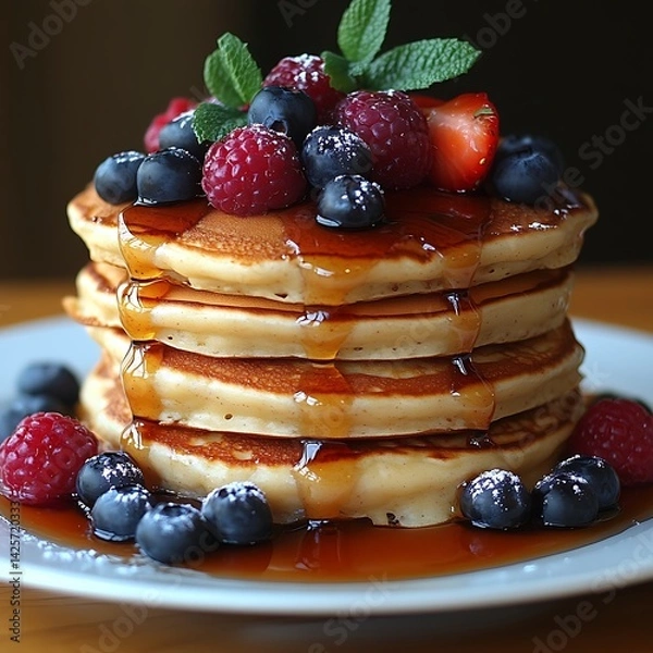 Obraz Stacked Pancakes, Berries, Syrup