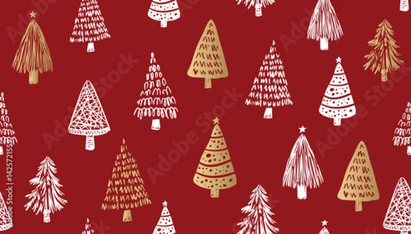 Fototapeta Christmas white and gold tree pattern on red, hand drawn illustration	
