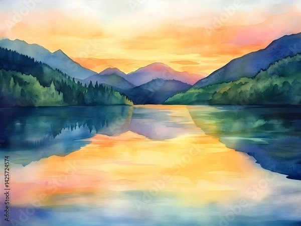 Obraz Serene Mountain Lake at Sunset in Watercolor, Generative AI