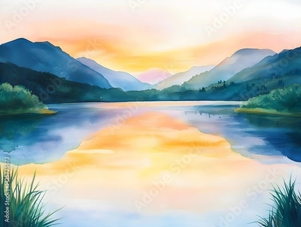 Obraz Serene Mountain Lake at Sunset in Watercolor, Generative AI